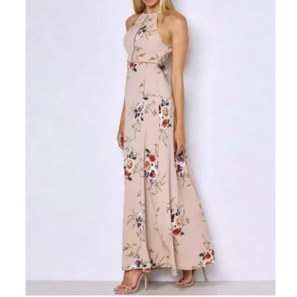 Floral Front Slit Open Back Halter Boho Maxi Dress - Picture 2 of 5
